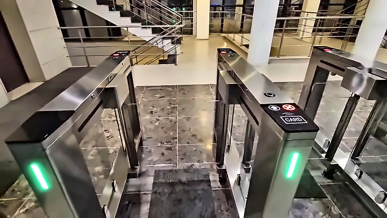 Close view of speed gate cabinets with card readers
